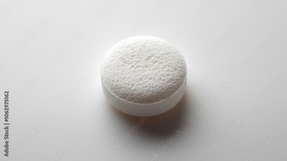A single white pill on a white surface with a slight shadow.