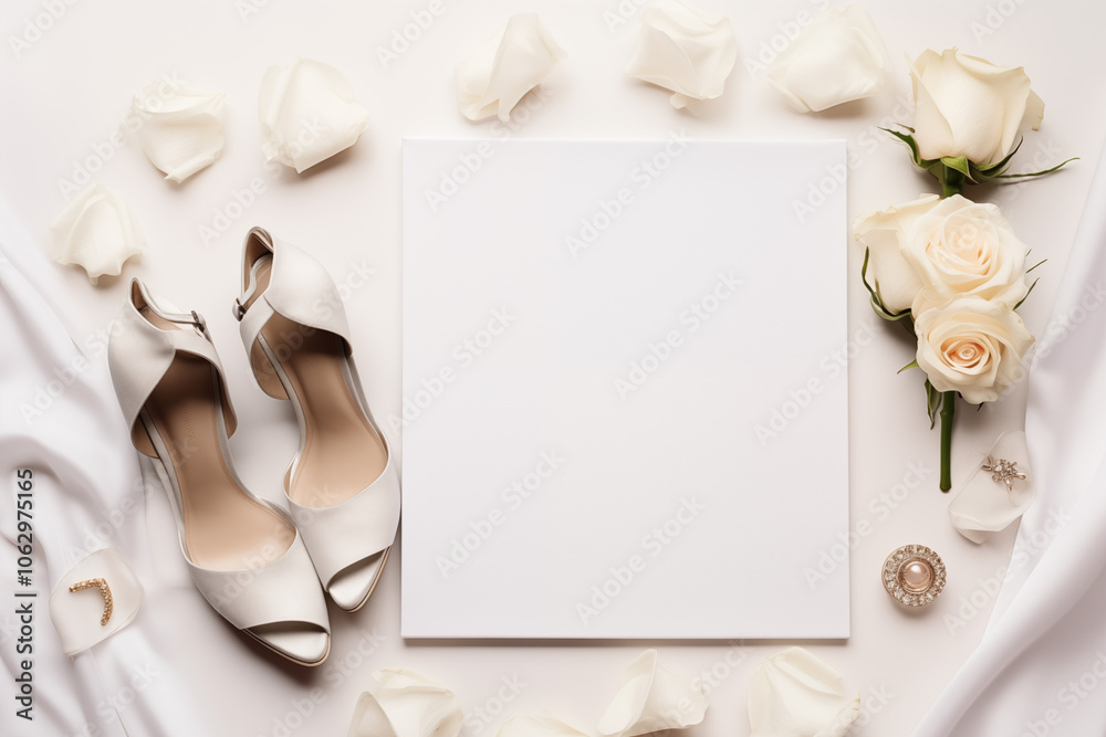 Wedding Flat Lay with White Shoes, Roses, and Blank Card Wedding Flat Lay with White Shoes, Roses, and Blank Card