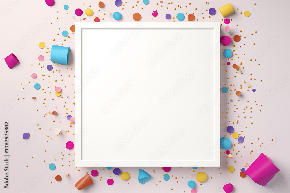 Blank Frame Mockup with Colorful Confetti on Pastel Background - Space for Text
Blank Frame Mockup with Colorful Confetti on Pastel Background - Space for Text
