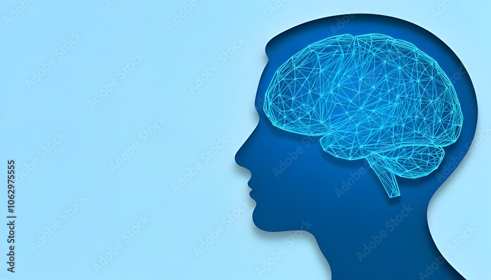 Obraz premium A silhouette of a human head with an abstract representation of a brain, symbolizing cognition, intelligence, and mental processes.