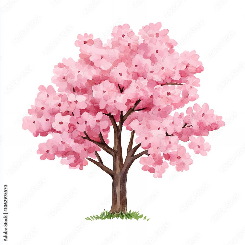Obraz premium A watercolor illustration of a blooming pink cherry tree on a white background.