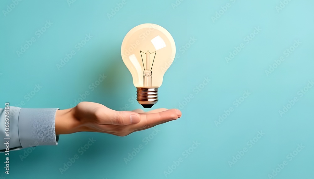 A hand holding a glowing light bulb against a pastel blue background, symbolizing ideas, innovation, and creativity. A hand holding a glowing light bulb against a pastel blue background, symbolizing ideas, innovation, and creativity.