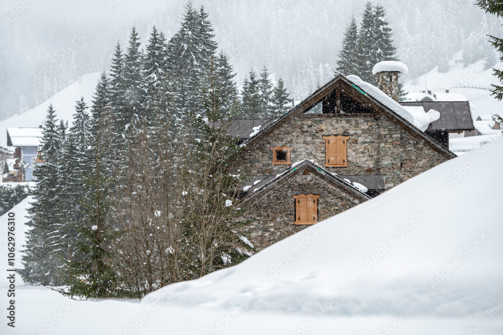 Fototapeta premium Winter atmosphere. Inside a thick snowfall. Sappada, Dolomites.