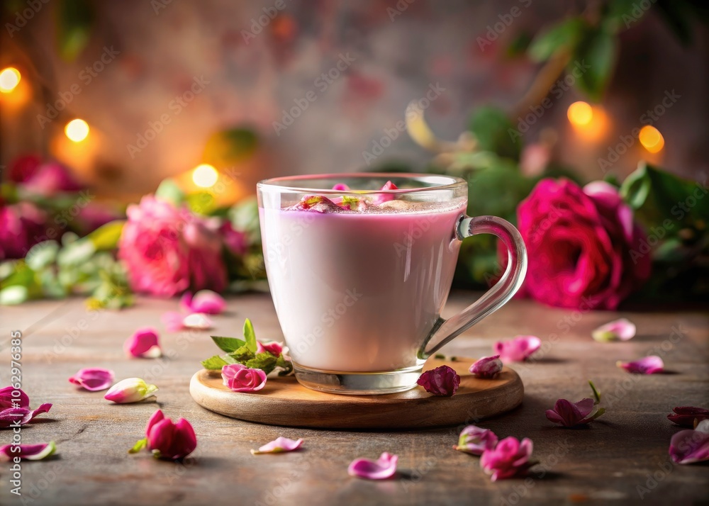 Refreshing Rose Milk Tea in a Beautiful Setting with Copy Space for Text and Branding Refreshing Rose Milk Tea in a Beautiful Setting with Copy Space for Text and Branding