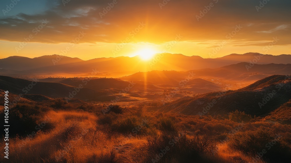An idyllic sunset scene with hills and valleys, showcasing An idyllic sunset scene with hills and valleys, showcasing