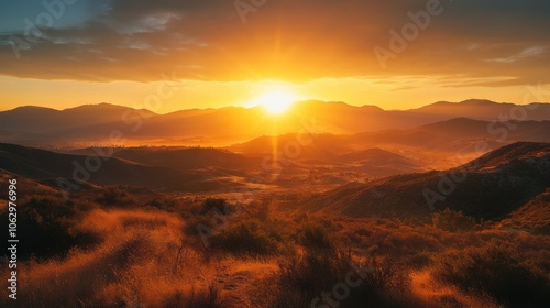 An idyllic sunset scene with hills and valleys, showcasing