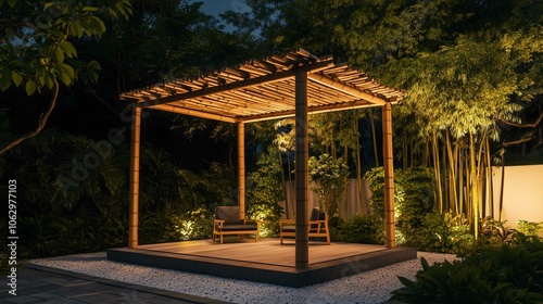 Bamboo grove pergola offering a minimalist retreat with Asian furnishings. 