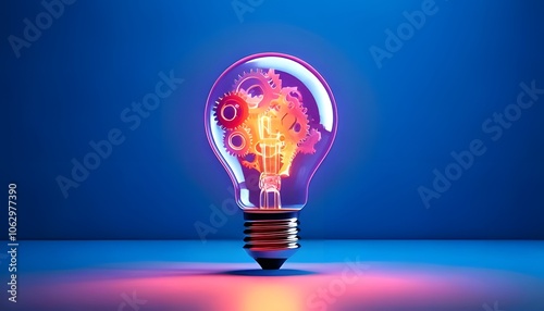 A glowing light bulb with internal gears, symbolizing innovation and creative ideas against a blue backdrop.