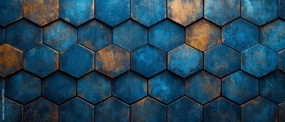 A textured hexagonal pattern in blue and orange tones, suitable for backgrounds or designs. A textured hexagonal pattern in blue and orange tones, suitable for backgrounds or designs.