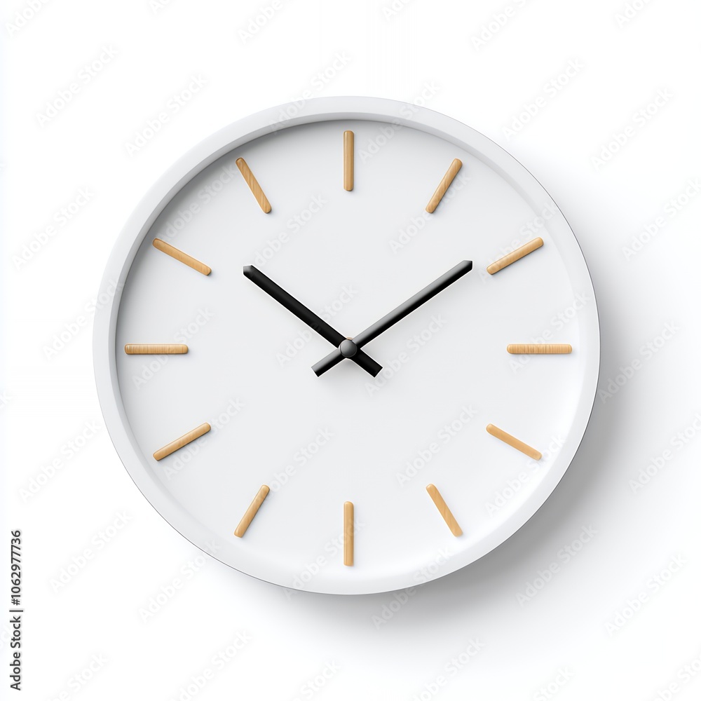 A simple white analog clock with gold hour markers and black hands. A simple white analog clock with gold hour markers and black hands.