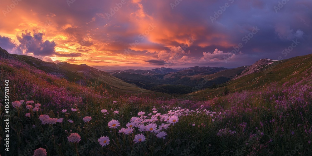 A breathtaking sunset paints the sky above a valley filled with wildflowers in the Carpathian Mountains of Ukraine. This stunning image captures the natural beauty of our planet. A breathtaking sunset paints the sky above a valley filled with wildflowers in the Carpathian Mountains of Ukraine. This stunning image captures the natural beauty of our planet.