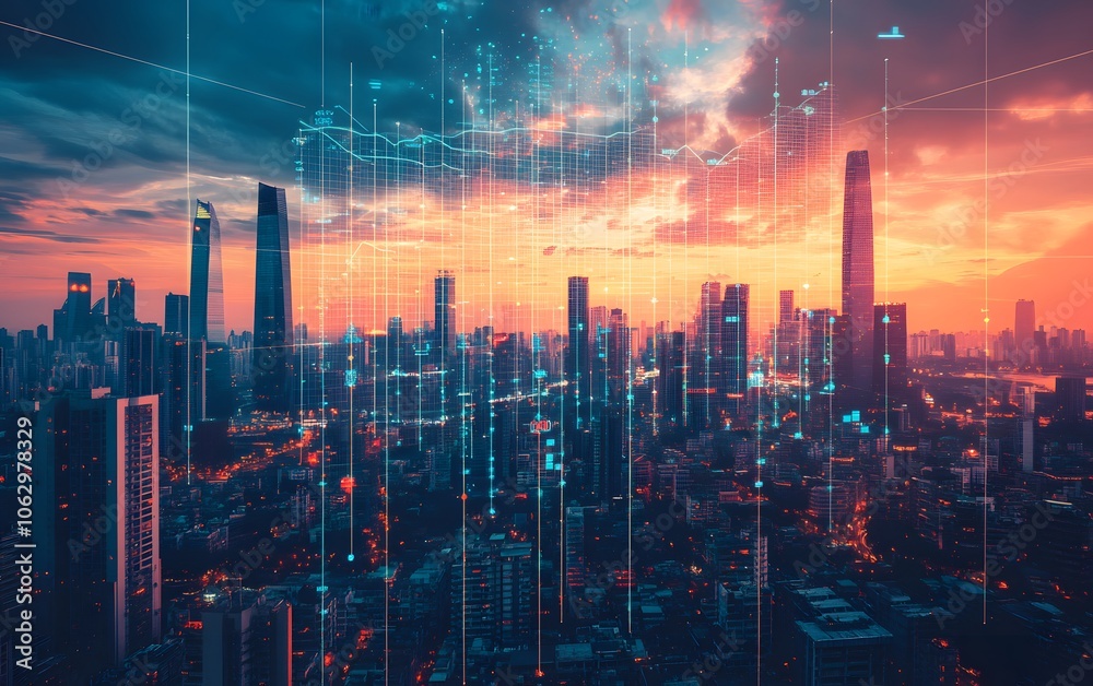 Fototapeta premium A stunning skyline view at sunset with digital overlays, showcasing urban development and technology integration.