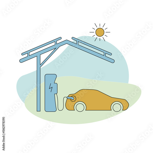 On abstract background charging station icon with car charging from solar energy. Side view of car