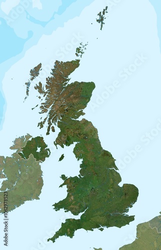 Blank isolated physical satellite map of United Kingdom