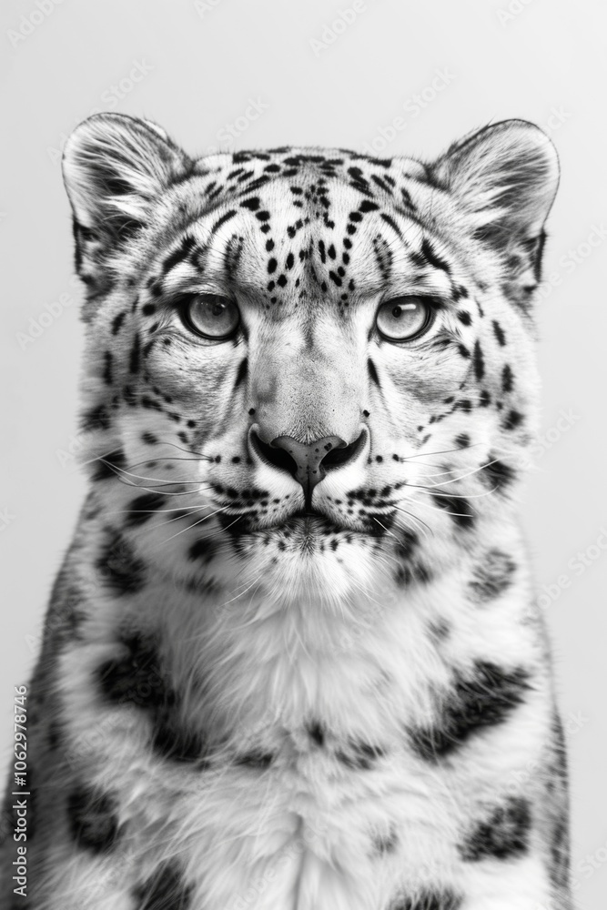 Majestic Black and White Portrait of a Snow Leopard, Capturing Intense Gaze and Beautiful Fur Pattern Against a Minimalistic Background Majestic Black and White Portrait of a Snow Leopard, Capturing Intense Gaze and Beautiful Fur Pattern Against a Minimalistic Background