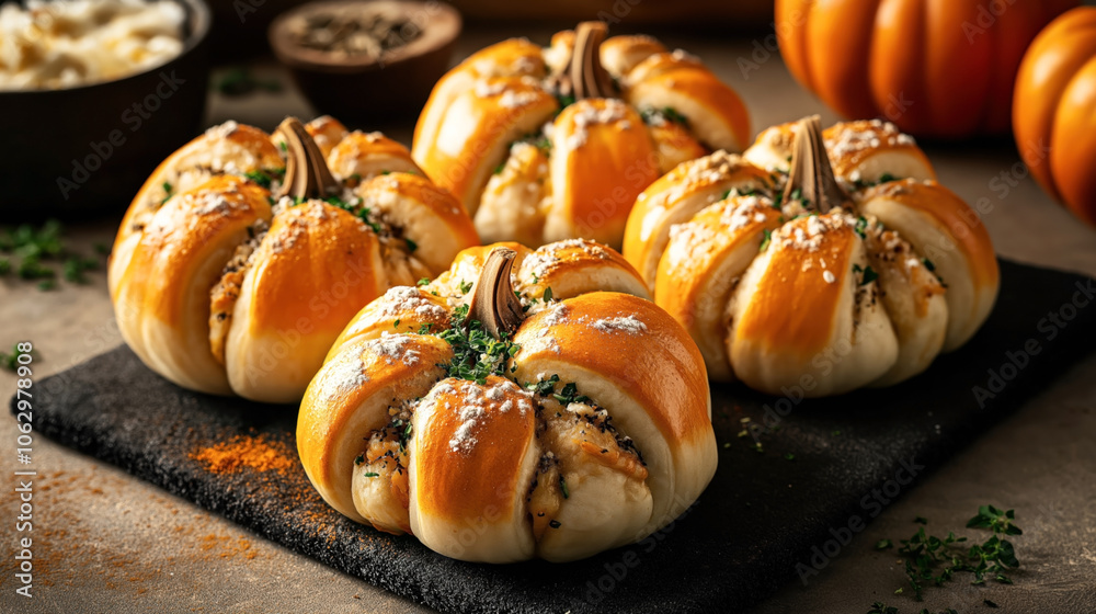 Close-up of baked bread rolls shaped like pumpkins, garnished with parsley and powdered cheese, on a dark serving board Close-up of baked bread rolls shaped like pumpkins, garnished with parsley and powdered cheese, on a dark serving board