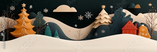 Whimsical winter landscape with trees, snow, and a cozy cabin.