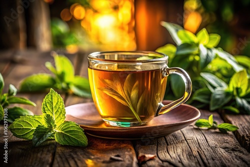 Elegant mug and leaf; conceptual tea logo photography. photo