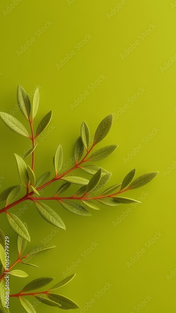Vibrant green leaves with red stems on a bright green background, lively and natural design
