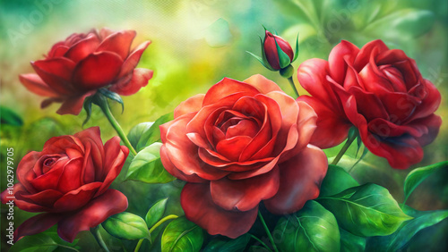 Stunning red roses in a lush garden setting with soft, dreamy background 