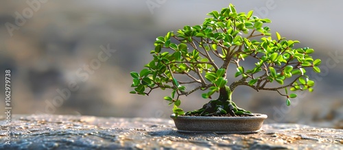 A tranquil image of a small privet bonsai tree with its intricate branches and lush green leaves, placed on a smooth stone surface. The rich foliage stands out against the subtle background.