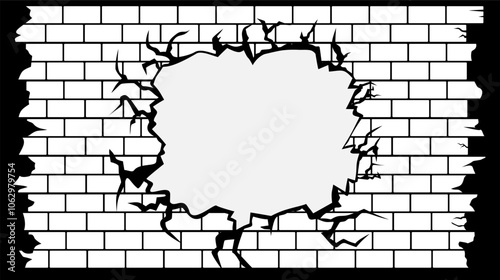 black and white background with a brick pattern arranged with a large crack in the middle