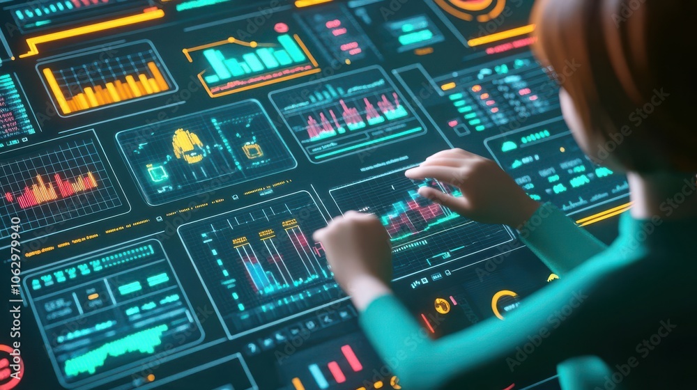 Obraz premium Data-driven decision analysis with person interacting with charts, informed decision-making, 3D illustration