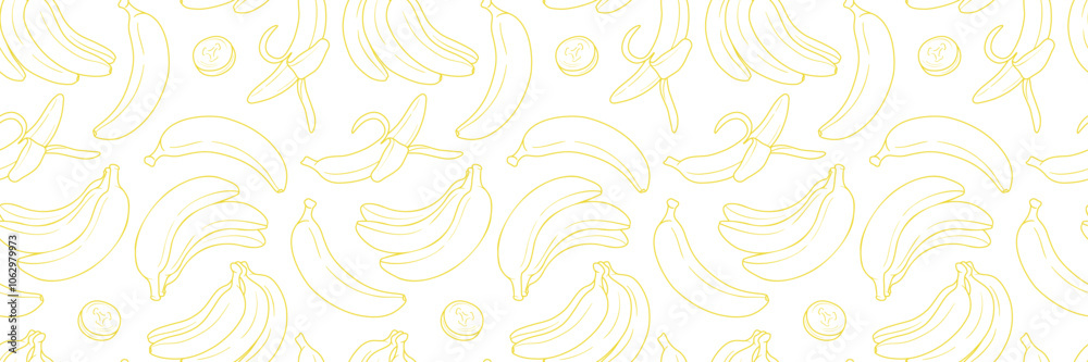 Banana line art vector repeat pattern banner, seamless repeating horizontal background or cover design, white and yellow wallpaper Banana line art vector repeat pattern banner, seamless repeating horizontal background or cover design, white and yellow wallpaper