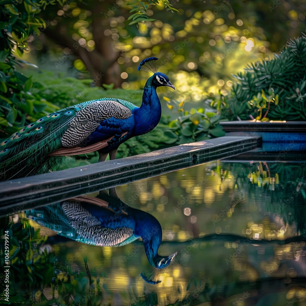Majestic Peacock Standing by Tranquil Reflecting Pool Amidst Lush Greenery, Showcasing Vibrant Feathers and Serene Natural Beauty in Soft Twilight Light Majestic Peacock Standing by Tranquil Reflecting Pool Amidst Lush Greenery, Showcasing Vibrant Feathers and Serene Natural Beauty in Soft Twilight Light
