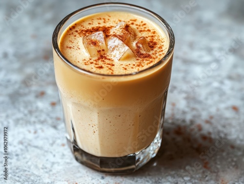 A vibrant plant-based iced latte made with oat milk, topped with a sprinkle of cinnamon, offering a smooth and creamy texture, perfect for those looking for a vegan-friendly coffee treat