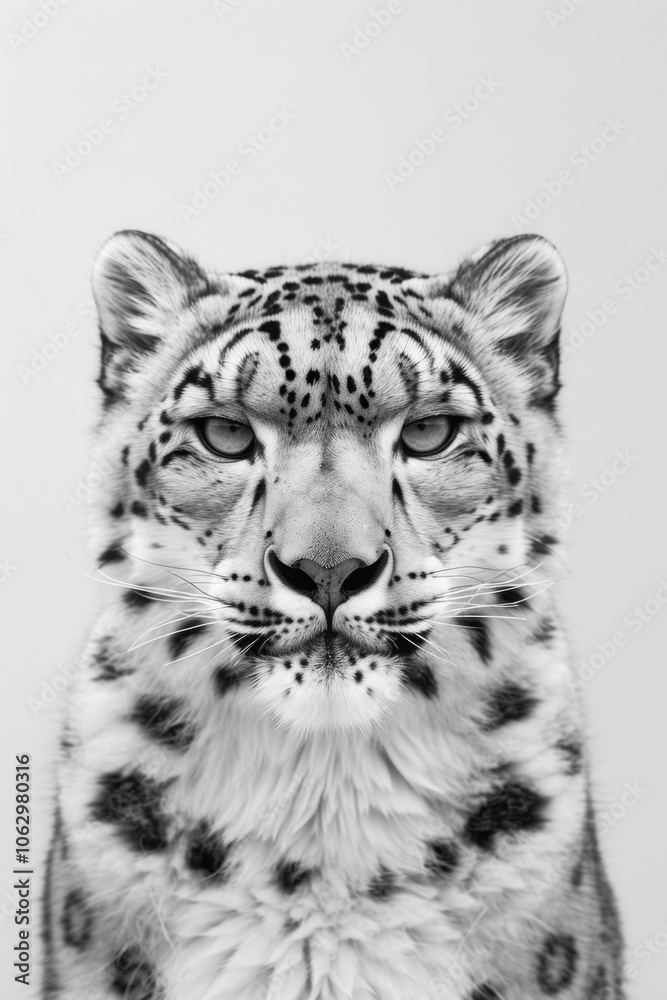 Fototapeta premium Majestic Snow Leopard Portrait in Monochrome: A Close-Up of Its Intense Gaze and Unique Spot Patterns, Perfect for Nature and Wildlife Themes.