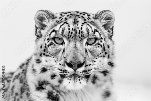 Majestic Snow Leopard Portrait: Intense Gaze in Black and White, Showcasing Unique Spotted Fur and Striking Features of this Endangered Species. photo