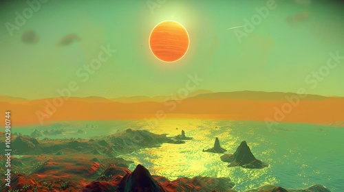 Breathtaking alien planet with crystalline lakes and dual suns lighting the vibrant horizon photo