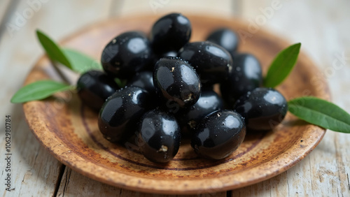 black olives on a brown plate