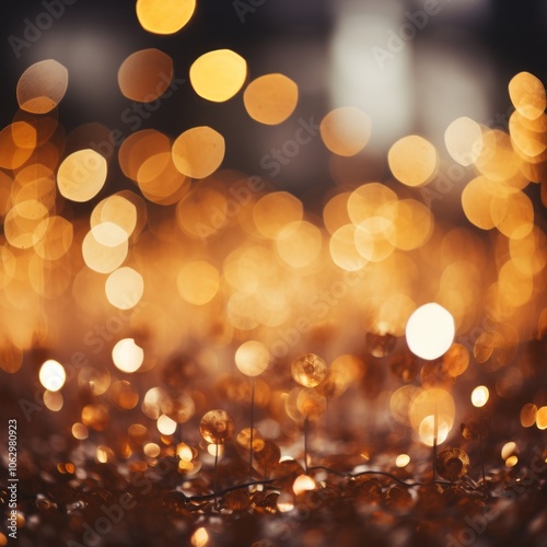 A closeup photo of a blurry, autofocus background of golden lights.