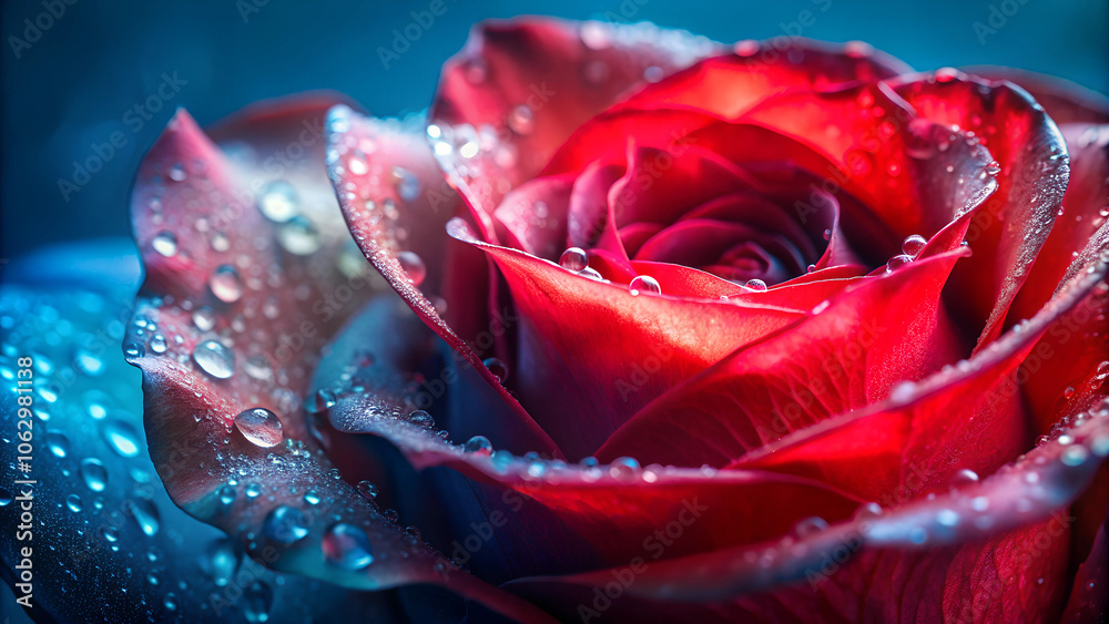 Vibrant red rose with water droplets on a cool blue background
Vibrant red rose with water droplets on a cool blue background