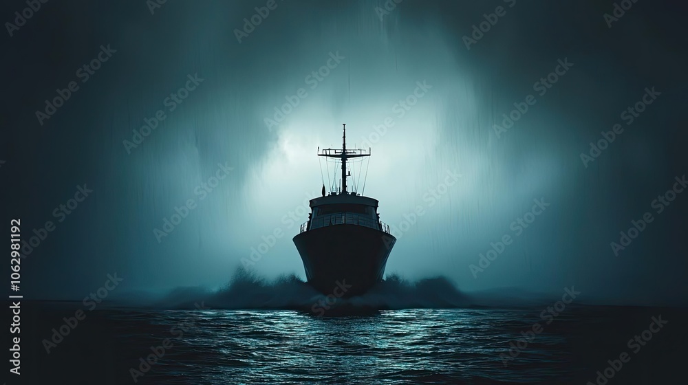 Obraz premium Ship navigating through dark waters under a stormy sky