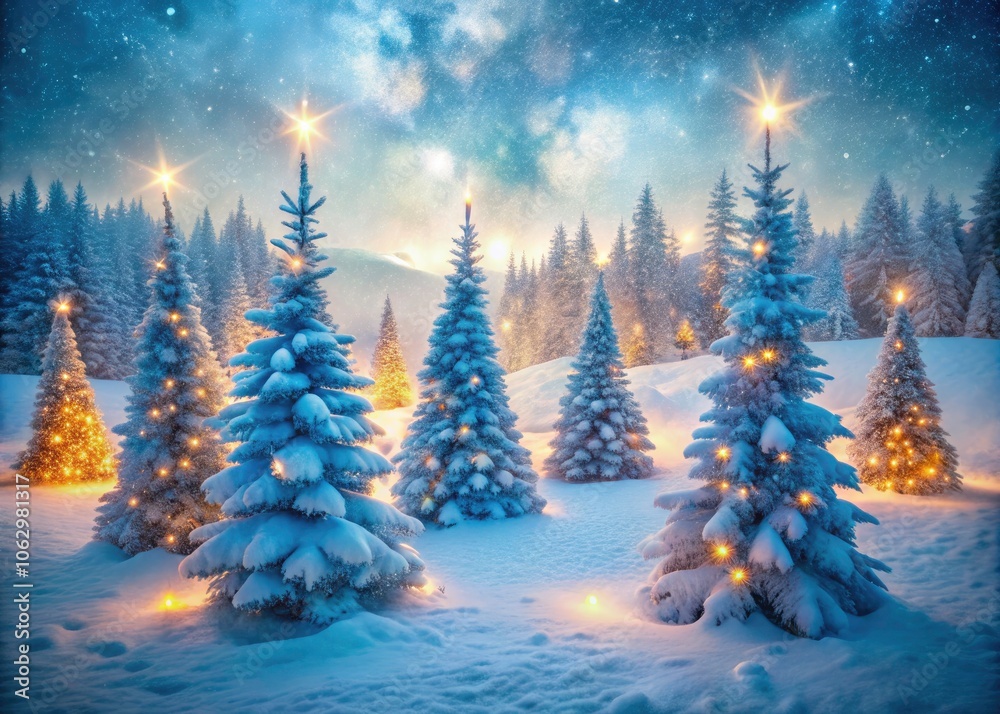 Serene Winter Scene with Illuminated Blue Christmas Trees and Soft Snow Serene Winter Scene with Illuminated Blue Christmas Trees and Soft Snow