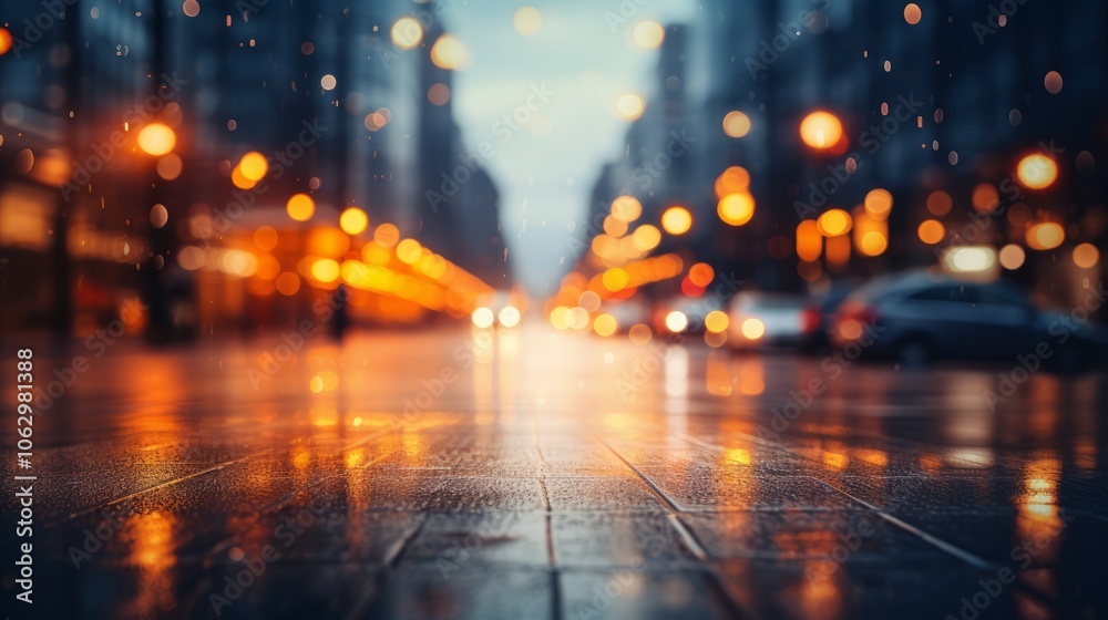 A closeup of a wet city street at night, with blurred out bokeh lights from cars and streetlights reflecting on the pavement. A closeup of a wet city street at night, with blurred out bokeh lights from cars and streetlights reflecting on the pavement.