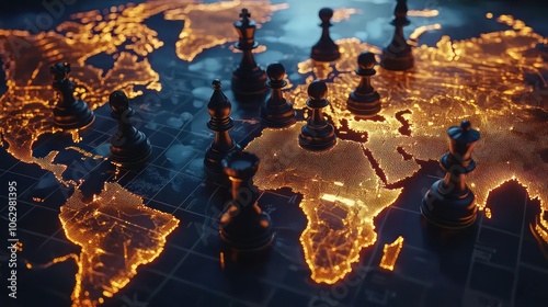 Detailed 3D model of a geopolitics icon featuring a world map and chess pieces for strategy. photo