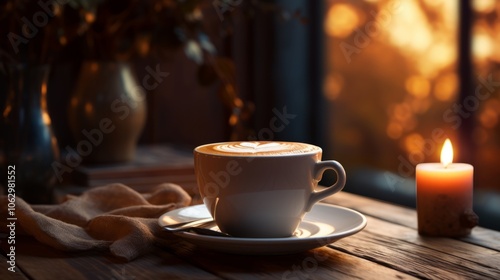 Warm Evening Coffee And Candlelight On Wooden Table