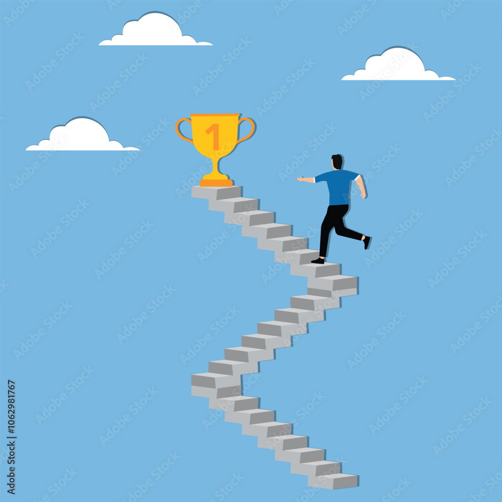Determined businessman runs up the stairs of success to reach the championship trophy Determined businessman runs up the stairs of success to reach the championship trophy