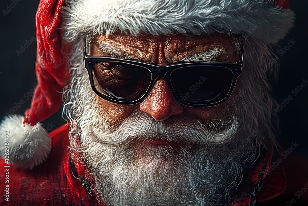 A close-up of Santa Claus wearing sunglasses and a serious expression. Generative AI. A close-up of Santa Claus wearing sunglasses and a serious expression. Generative AI.