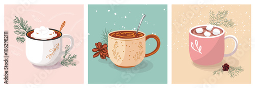 Cup of cocoa with marshmallows, cappuccino, hot chocolate with cream, coffee mug