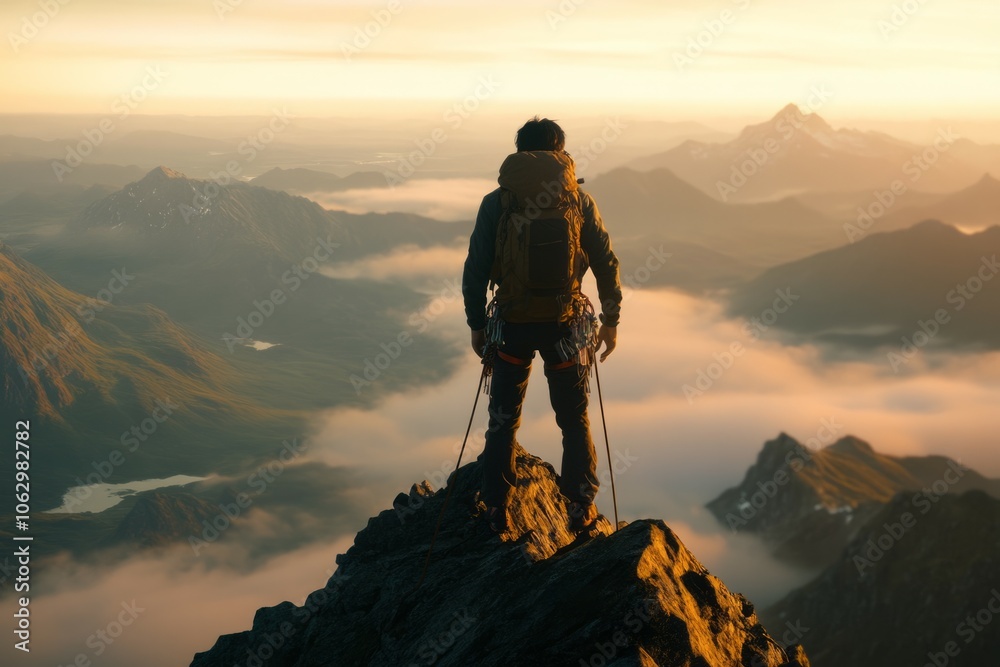 A man who climbed to the top of the mountain, success, goal, purpose, dreams come true A man who climbed to the top of the mountain, success, goal, purpose, dreams come true