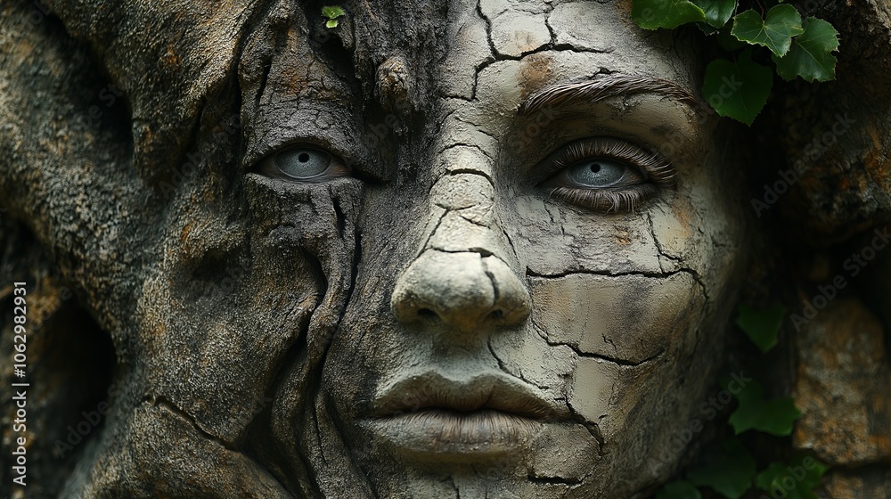 Close-up of a tree bark sculpture with a human face, half-covered with bark, with white eyes looking directly at the viewer. Close-up of a tree bark sculpture with a human face, half-covered with bark, with white eyes looking directly at the viewer.