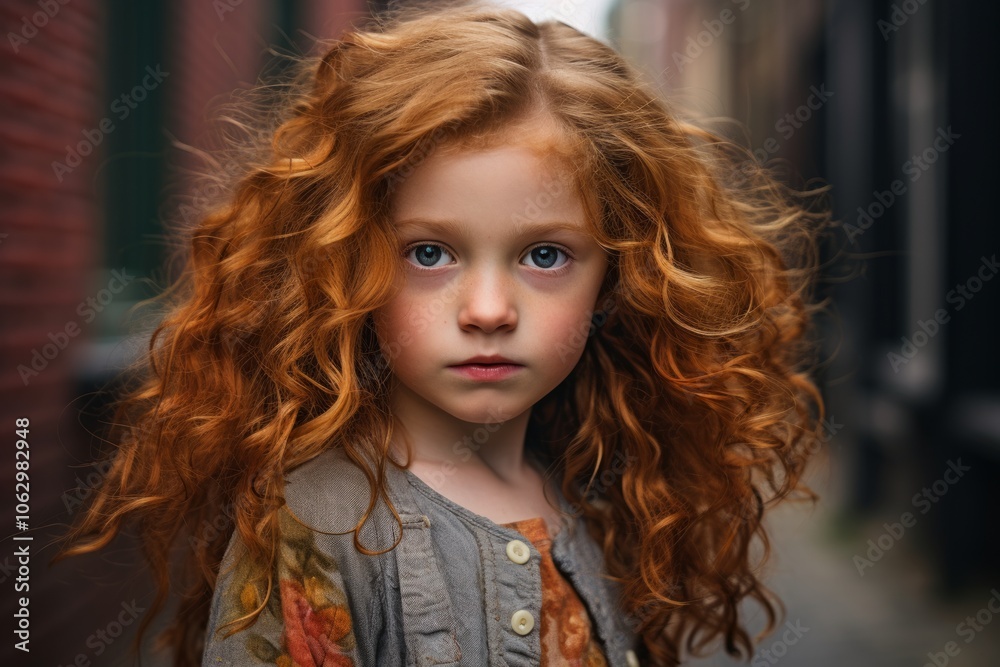 Portrait of a cute red-haired girl with curly hair.