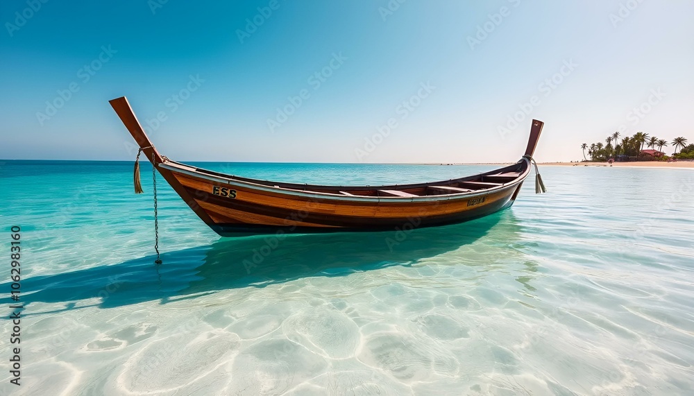 Wooden boat anchored calmly in clear turquoise water under a bright sky at a tropical beach
Wooden boat anchored calmly in clear turquoise water under a bright sky at a tropical beach