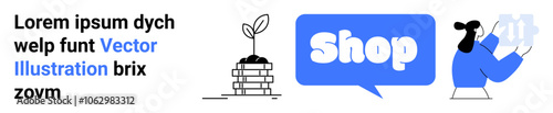 Modern design featuring a plant sprout on stacked coins shop speech bubble and person, delivering groceries Ideal for ecommerce ecological growth environment sustainable shopping mobile applications