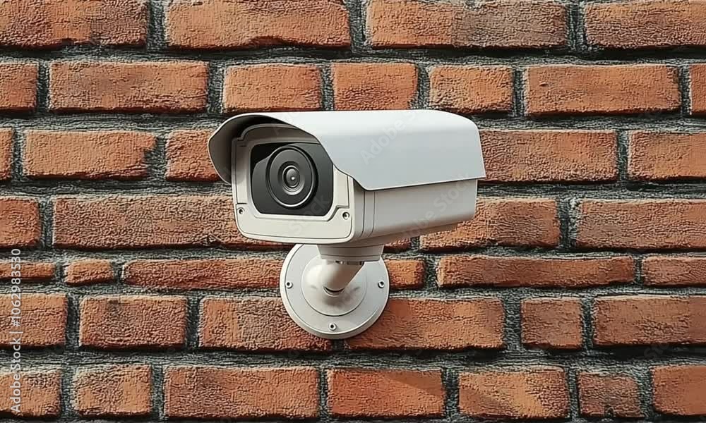 Modern Security Camera Mounted on a Brick Wall Modern Security Camera Mounted on a Brick Wall